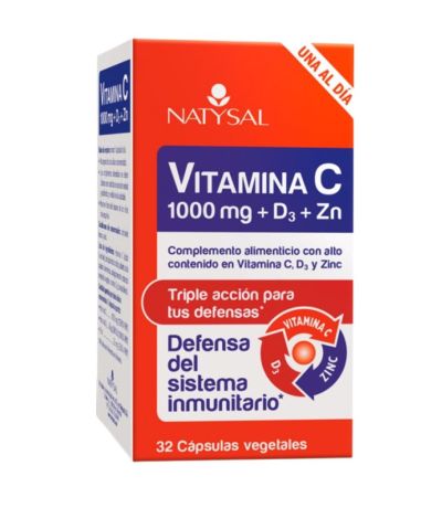Vitamina C 1000mg  D3  Zinc Vegan SinGluten 32caps Natysal