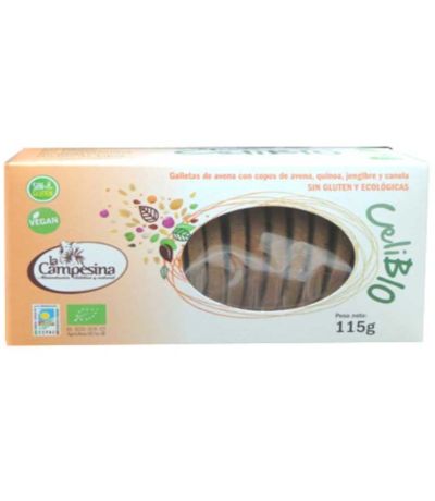 Galletas de Avena con Copos de Avena, Quinoa, Jengibre y Canela Celibio SinGluten Eco Vegan 115g La Campesina